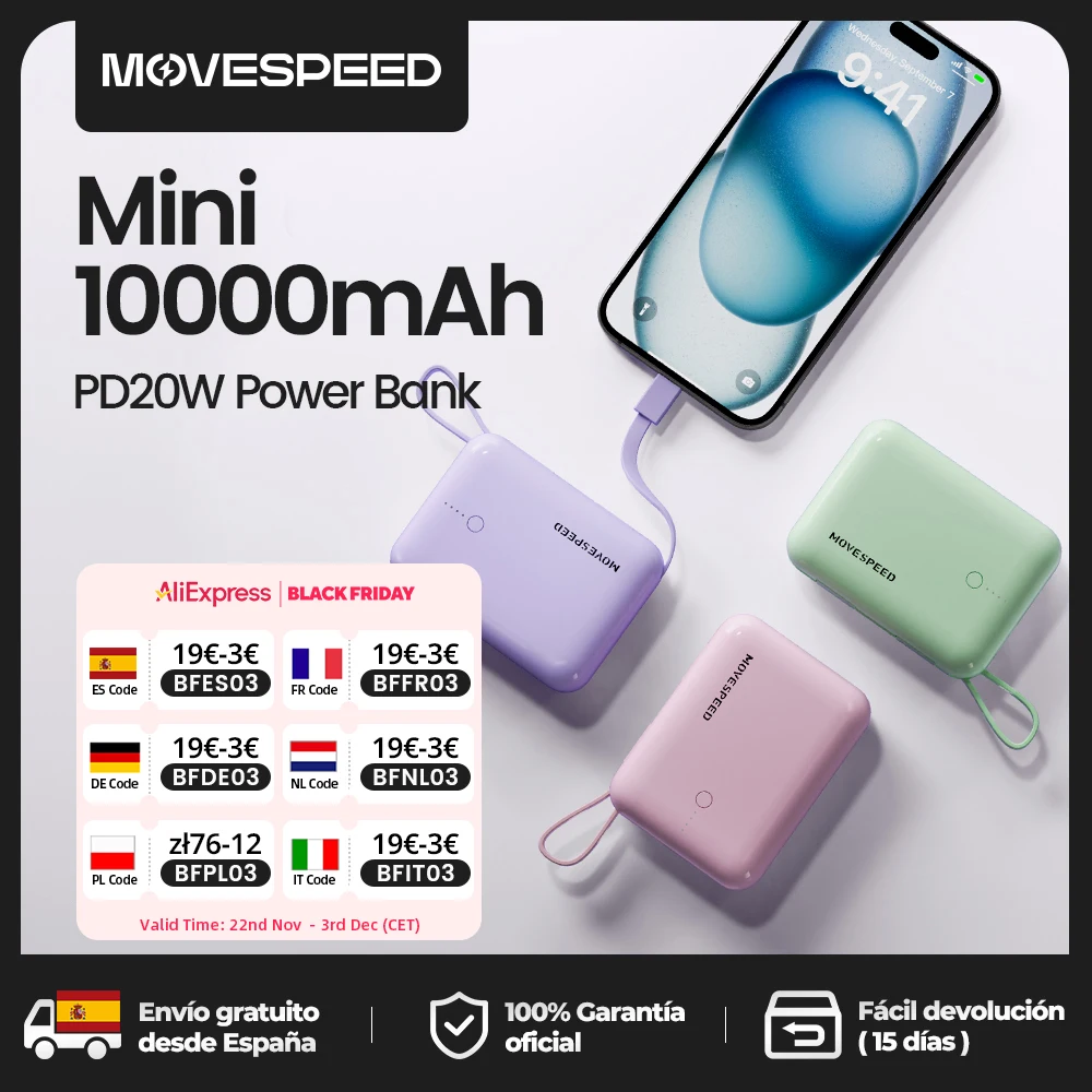 MOVESPEED Q10Plus Mini Power Bank 10000mAh Portable External Battery with Cable Fast Charge 20W Powerbank for iPhone 16 Samsung