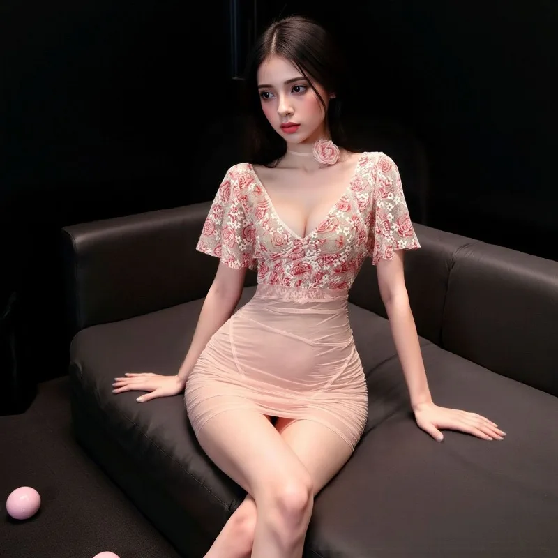 섹시한 시스루 딥 V 플로럴 로즈 라이트 얀 하이웨이스트 힙 랩 스커트 섹시 유니폼 에로틱 속옷 세트