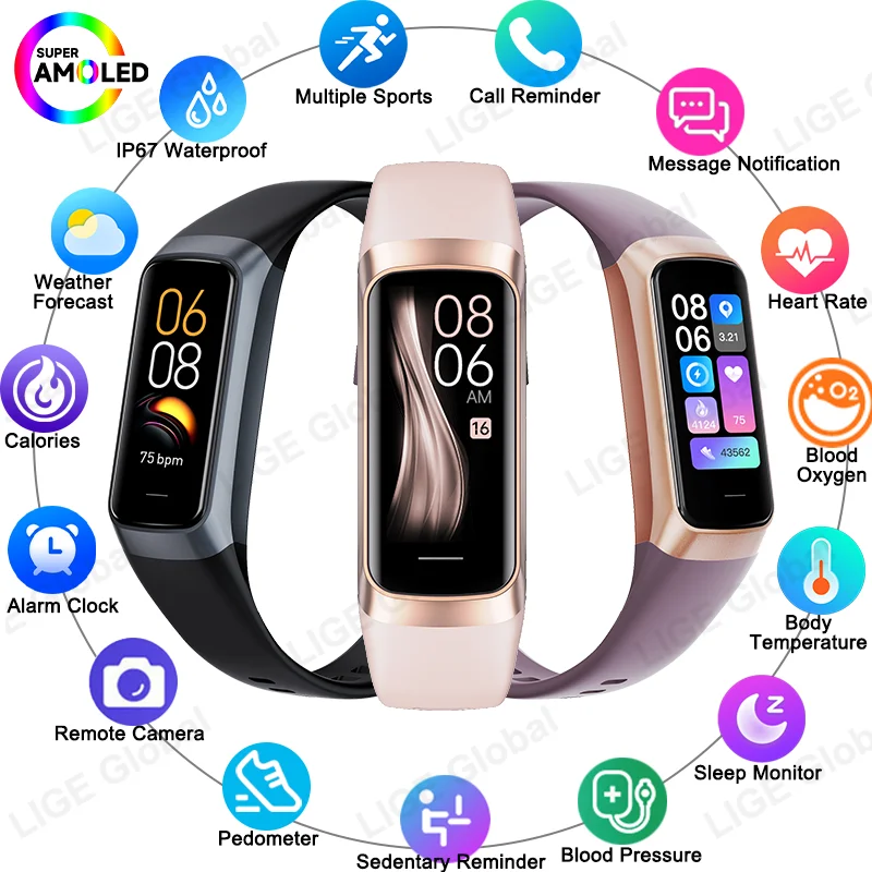 

LIGE Smart Fitness Band Men Women AMOLED Clock Body Temperature Blood Pressure Smartwatch Waterproof Watch For IOS Android 2026