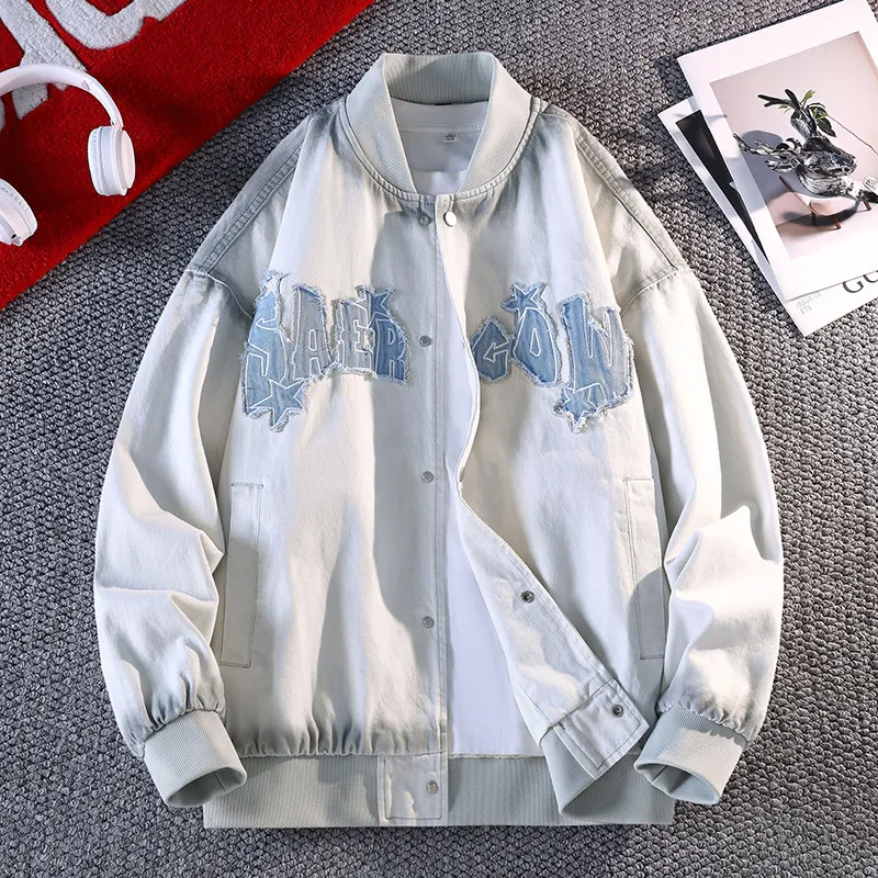 

High-End Baseball Jaet 2025 Autumn New Denim Casual Loose Embroidery Long Sve round Ne Cotton Polyester Blend Jeans Ja...