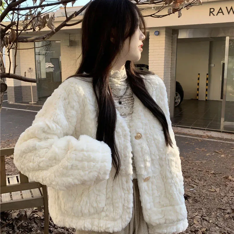 Zoki Women Lamb Wool Jackets Autumn Winter Thick Warm Faux Fur Button Outerwear Korean Loose Elegant V Neck Furry Short Coat