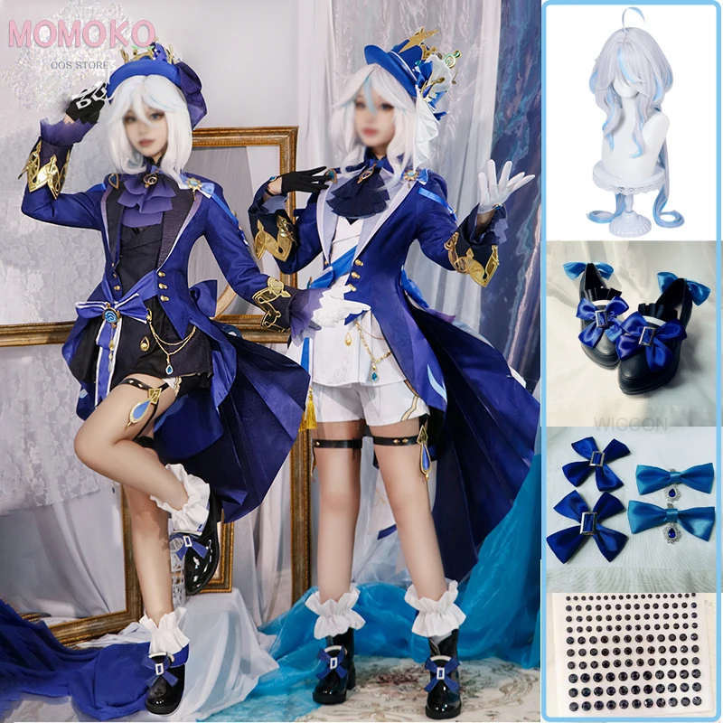 Furina Cosplay Costume com Peruca Chapéu para Mulheres, Genshin Impact Anime, Focalors Preto, Roupas de Jogo, Sapatos DIY, Vestido de Festa