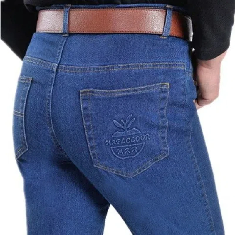 Moda inverno lavado angustiado jeans roupas mais velo engrossar solto em linha reta cintura alta baggy elástico calças casuais jj683