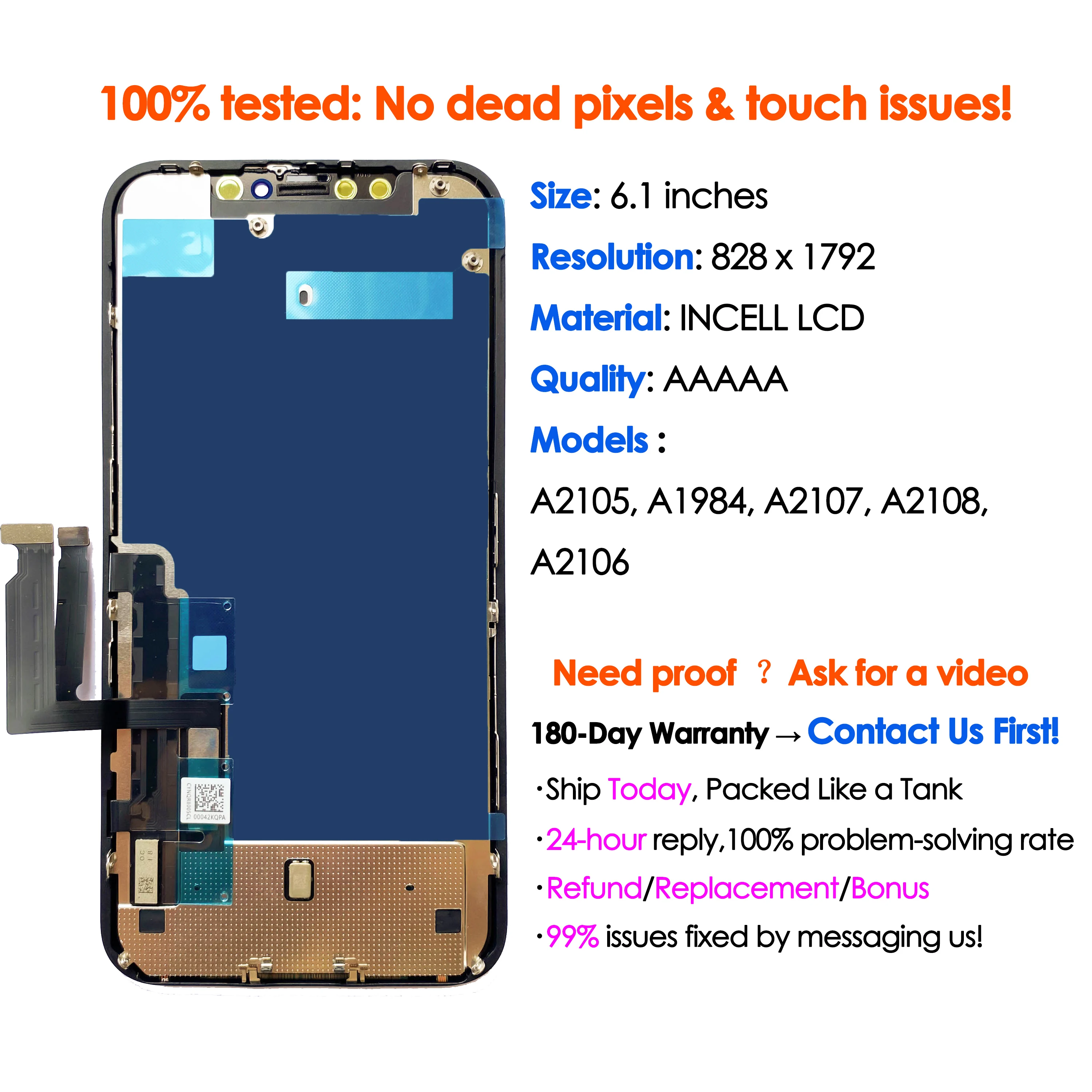 High quality AAA incell LCD For iPhone XR Display Touch Screen Replacement Digitizer Assembly Repair Parts Wholesale Kit A2105