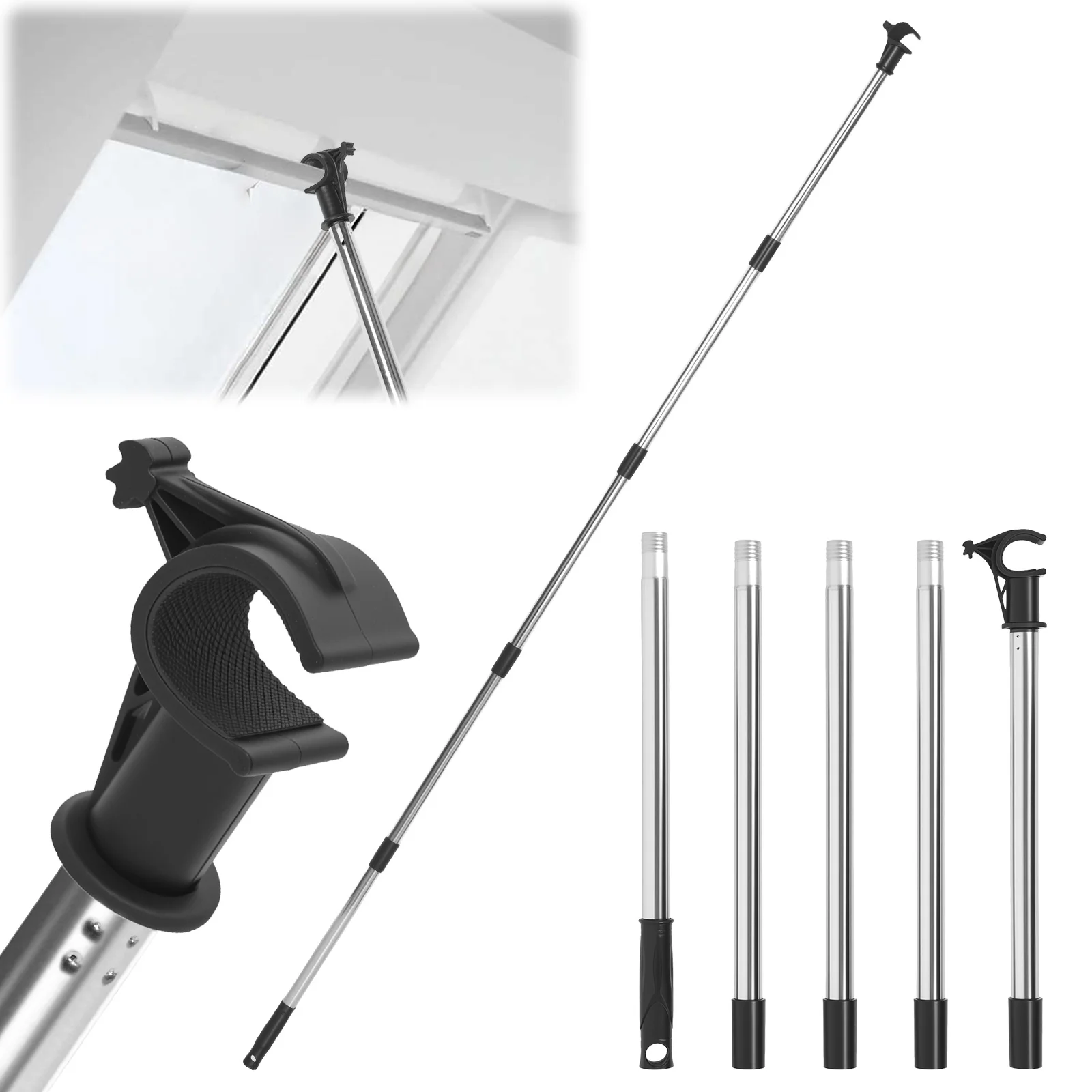 78.7'' Five Section Window Pole Opener with Hook Stainless Steel Modular Skylight Pole Opener for Roof Window Blind Loft Hatch