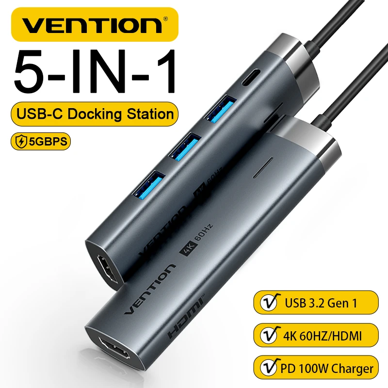 

Vention USB C Hub 5Gbps Type-C 3.2 Gen 1 Splitter 4K60Hz HDMI 100W Adapter for MacBook Samsung PC Laptop USB3.0 Docking Station