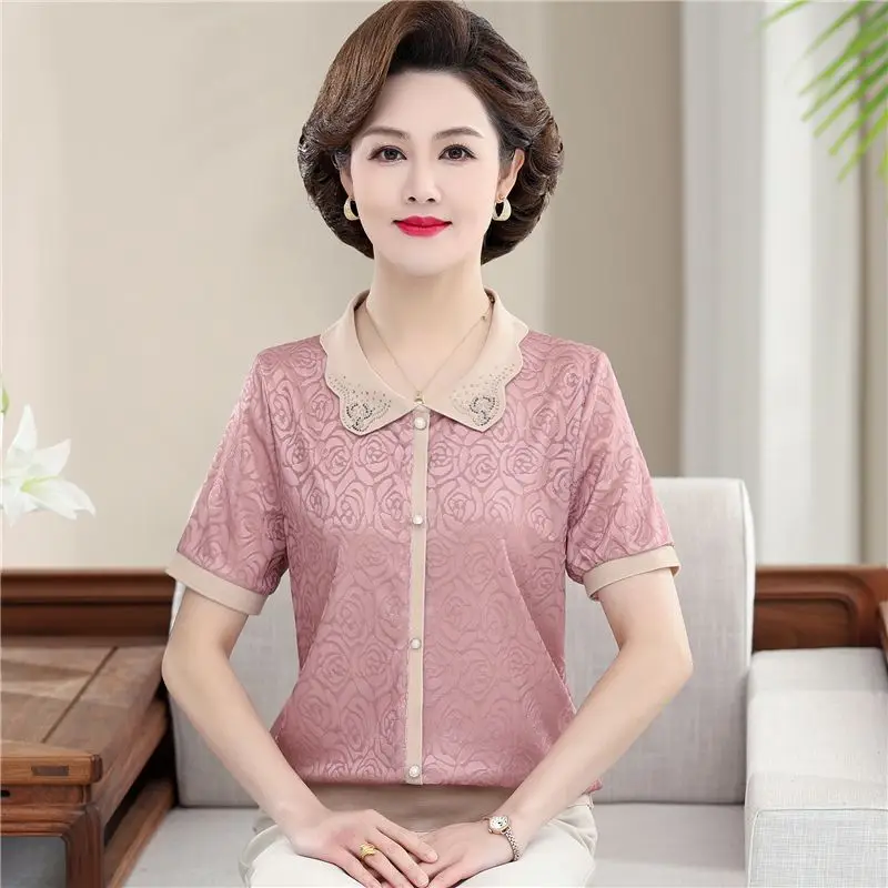 

Short-sleeved T-shirt Women's Lapel Ice Silk Top