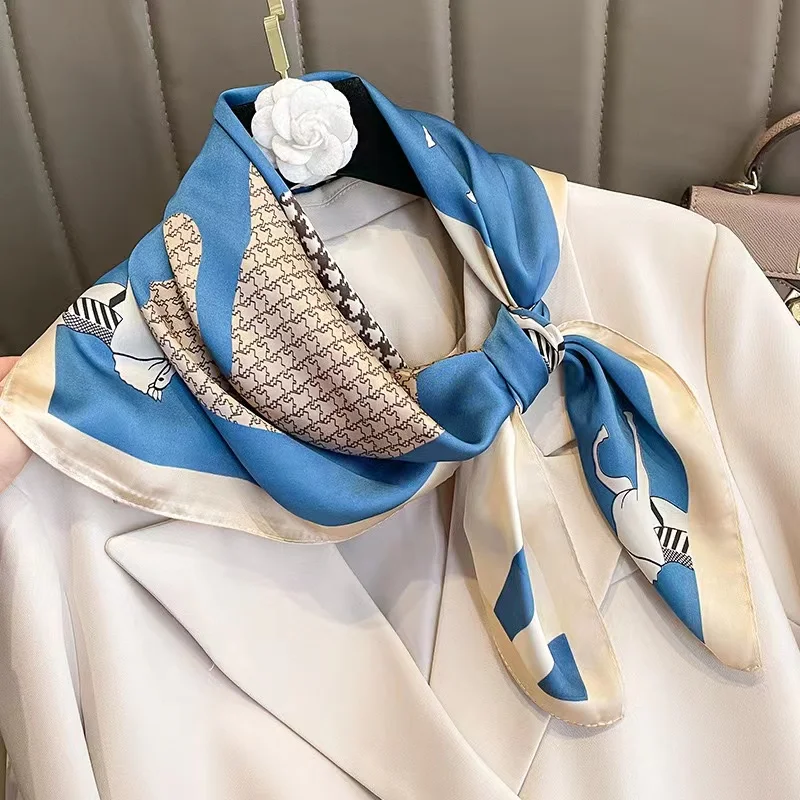 

68cm Houndstooth Horse Element Silk Scarf for Women Imitation Silk Temperament Versatile Headwear Clothing and Square Scarf