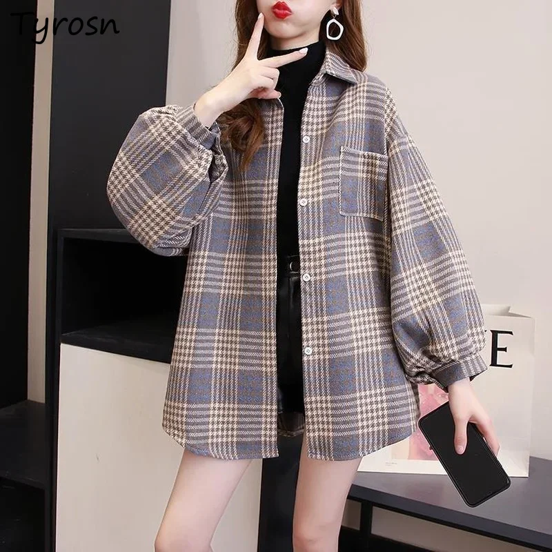 

Woolen Plaid Jackets Women S-3XL Chic Retro Elegant Korean Style Coats Turn-down Collar Autumn Long Lantern Sleeve Office Lady
