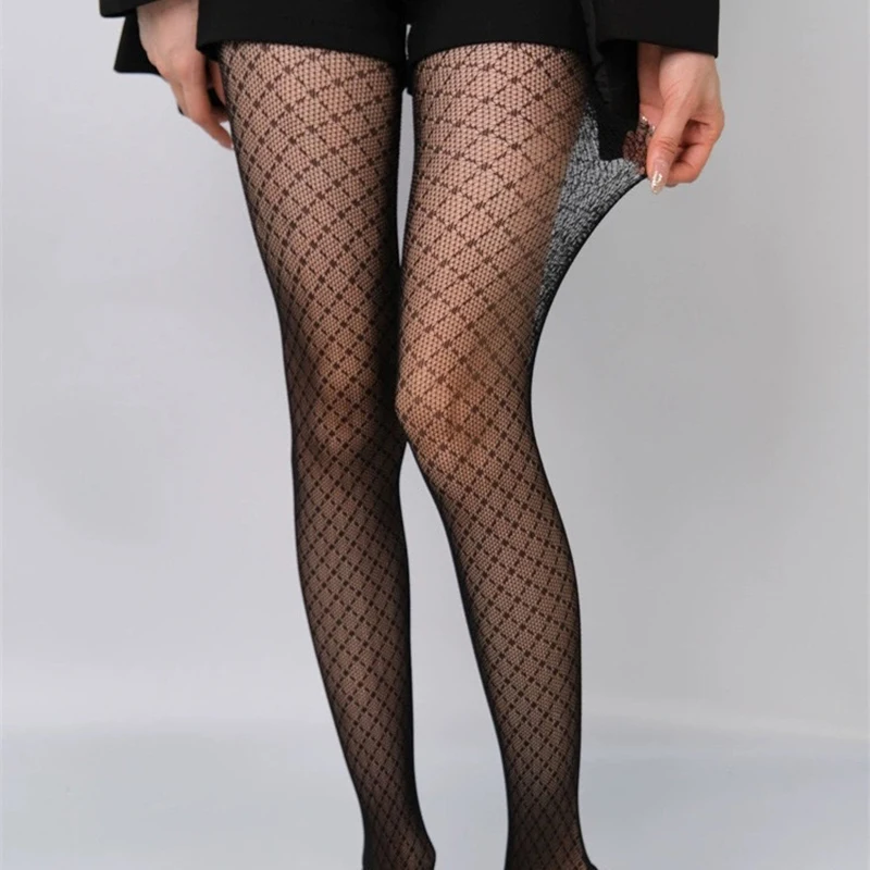 

New Women's Sexy Grid Stockings Rhombus Dotted Line Pattern Mesh Fishnet Tights High-Stretch Spicy Girl Retro Pantyhose