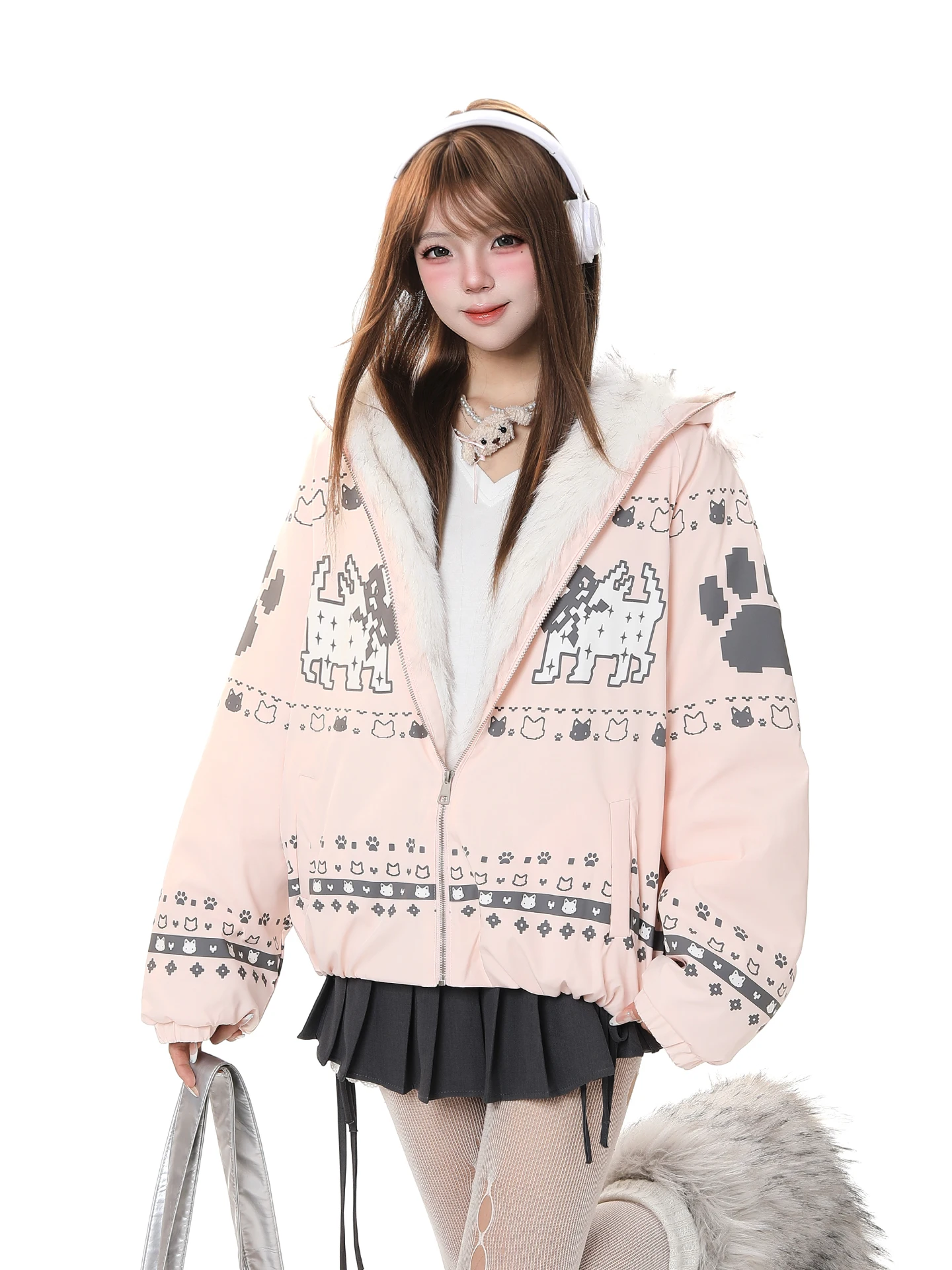 Cute Anti-Aging Cartoon Print Plush Hooded Cotton Jacket Women Winter New Loose Design Sensation Fur Collar Warm Cotton Coat