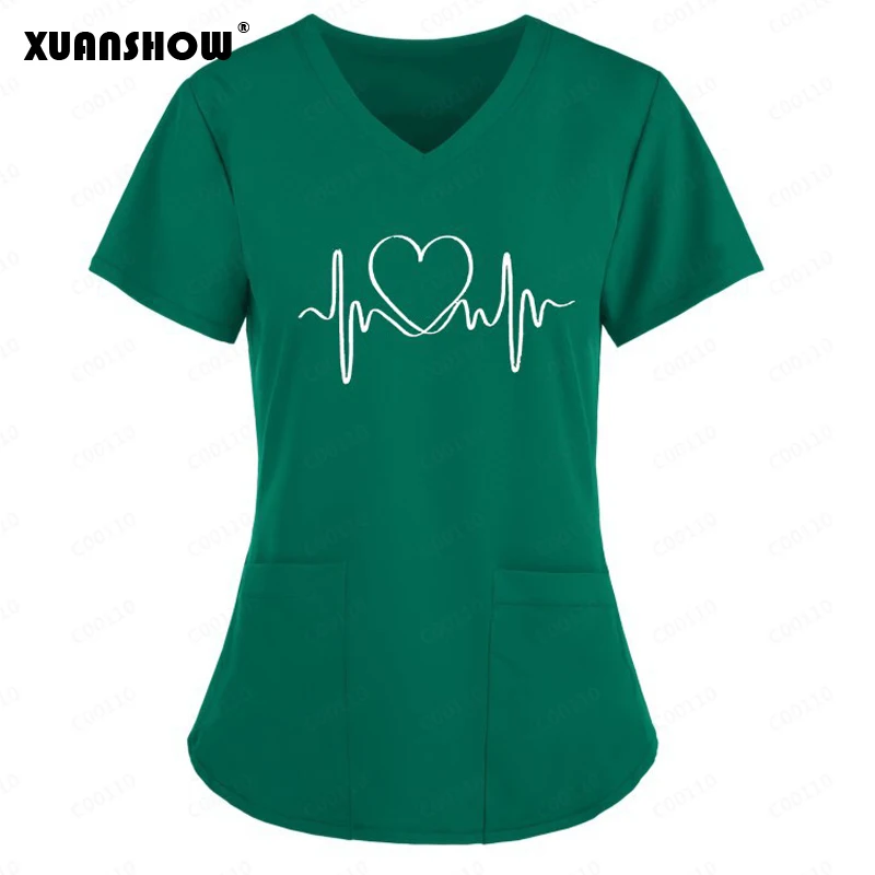 XUANSHOW Working Uniform Nurses Style Love Graphics Print Shirt V-neck Large Pocket Short-sleeved T-shirt Women's