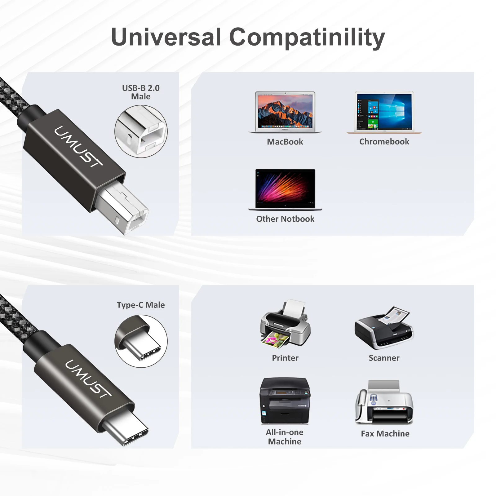 UMUST USB C to USB B2.0 Printer Cable USB C Printer Cable, for Computer Laptop to Printer Fax Scanner USB C to B Printer Cord