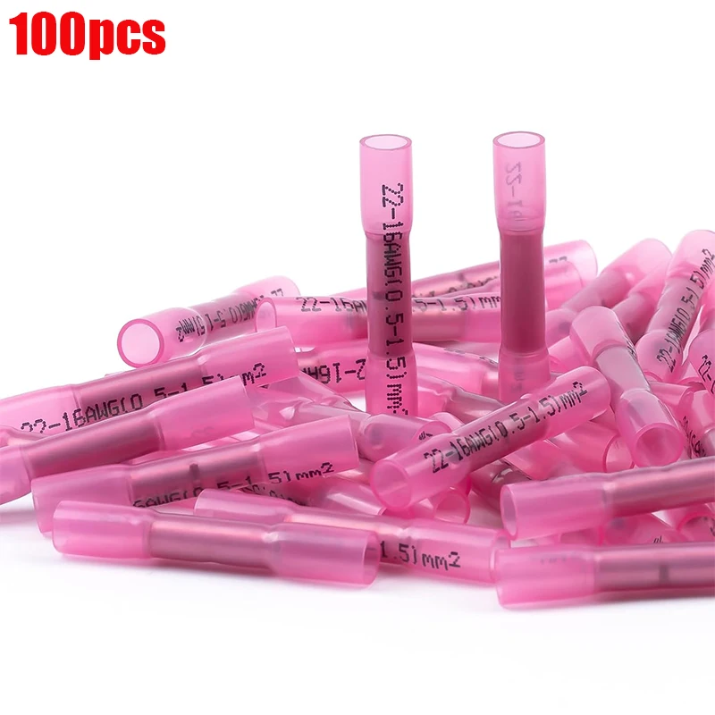 200PCS BHT1.25 Red Heat Shrink Butt Wire Connectors 22-16 AWG Insulated Waterproof Crimp Terminals Butt Splices
