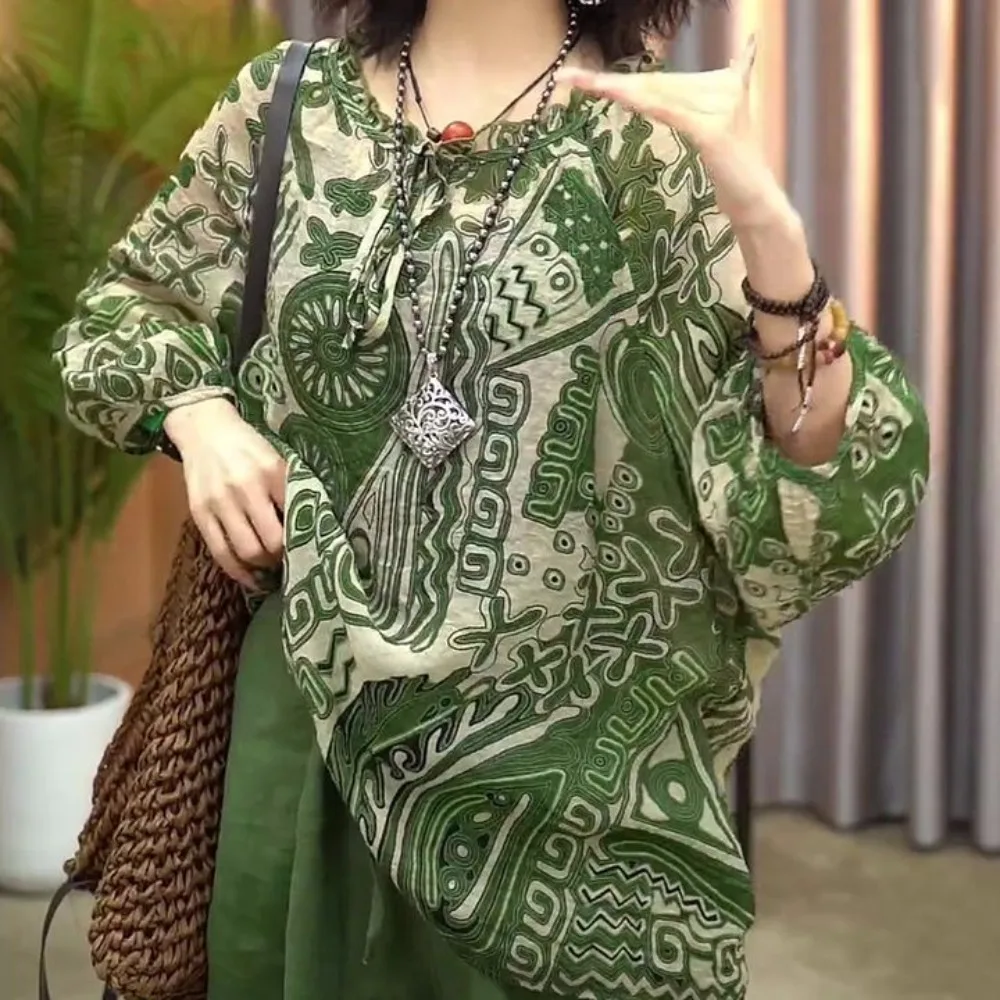 

Simple Sunscreen Retro Loose T-shirt Round Neck Green Long Sleeve T Shirt Thin Flower Stripe Ethnic Style Tops Women