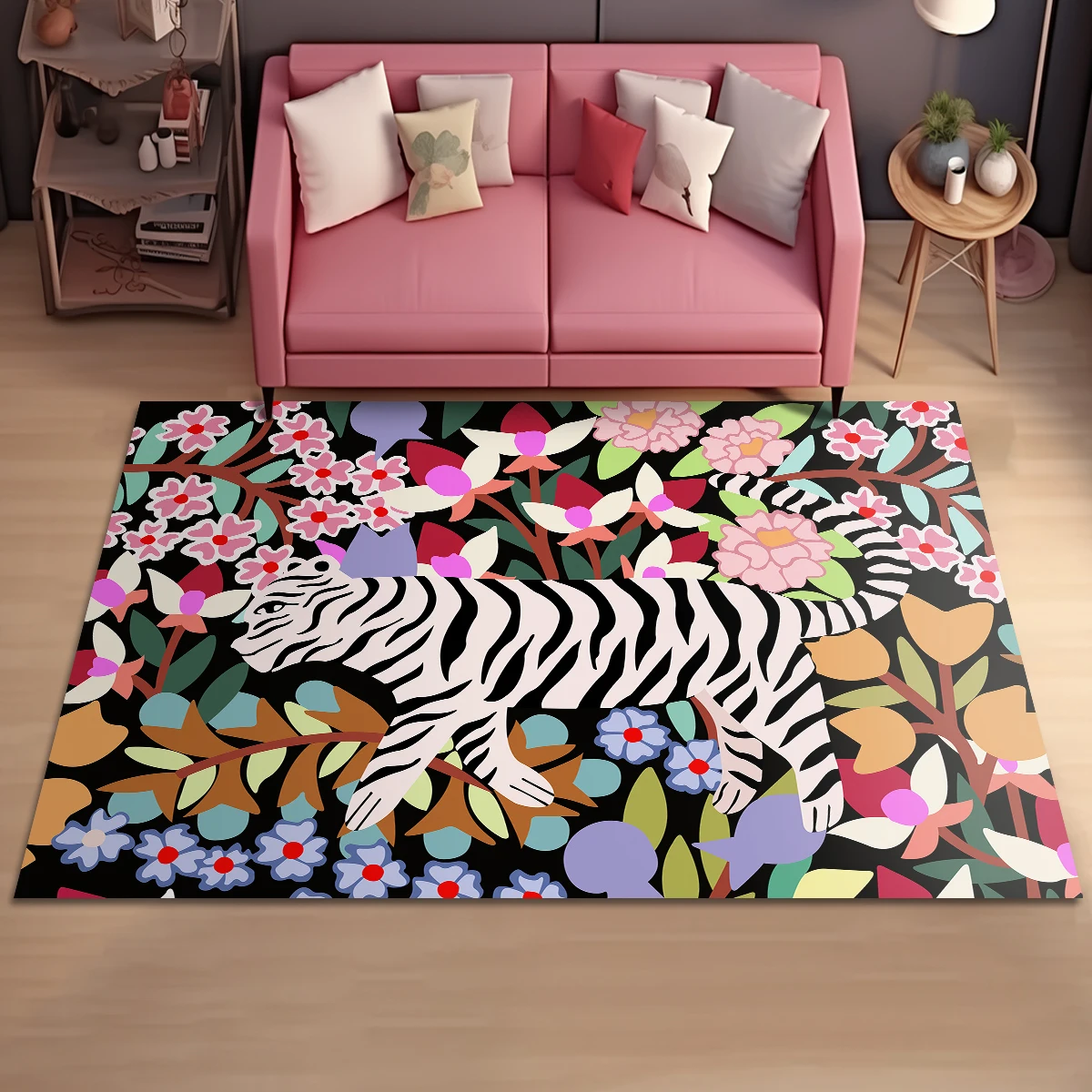 

Tiger Floral Design Carpet for Living Room, Large Size Decor Rug, Machine Washable, Foldable Rugs, Modern Style, Soft Cloakroom