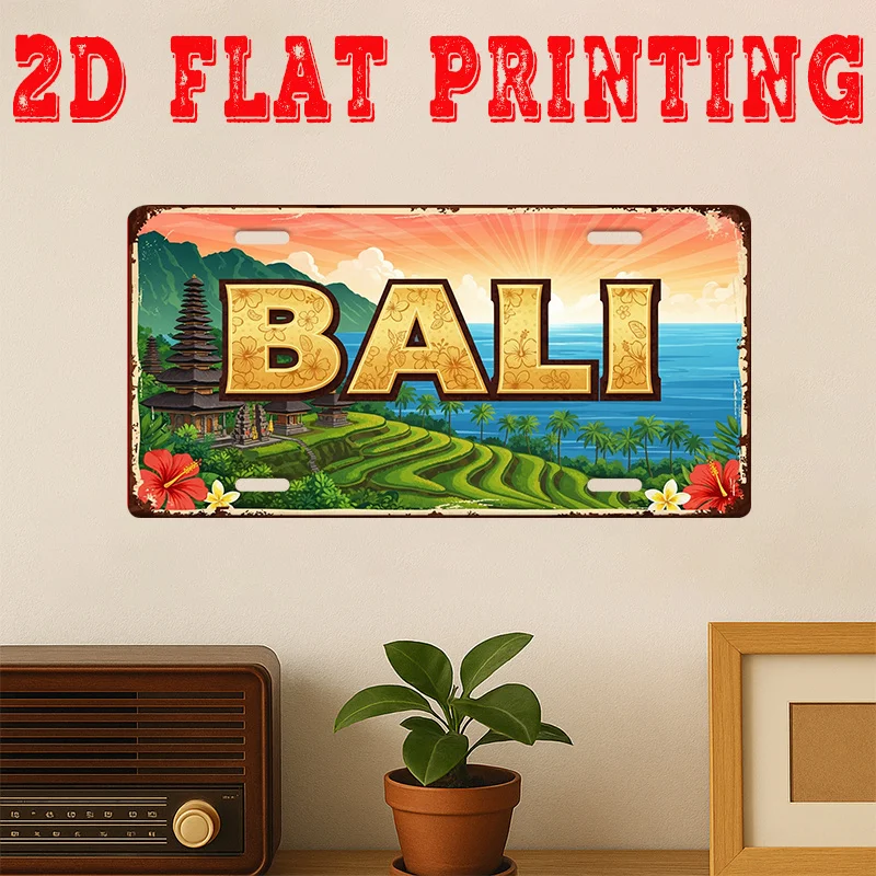 2D Flat, [Jit], 2d Flat Printing, 1pc, Vintage Metal Tin Sign, Decorative Sign (29.97 * 14.99 cm), Bali City Sign, Tropical Sunr
