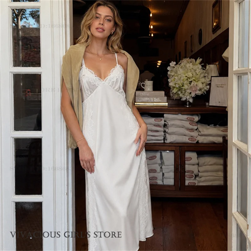 Elegant French Style Women's Suspender Nightgown Chemise Sleepwear Sexy Patchwork Lace Night Dress Lingerie Summer Long Nightie