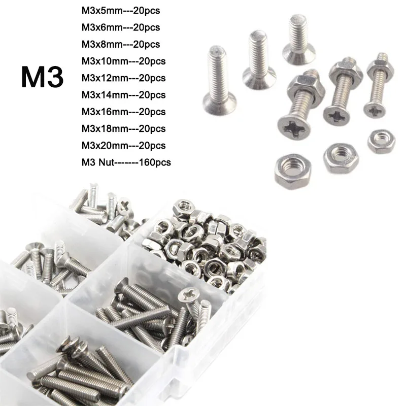 

M3 Cross Recessed Countersunk Flat Head Screws Set 304 Stainless Steel Hex Socket Nut Assortment Kit Countersunk Screws 340pcs
