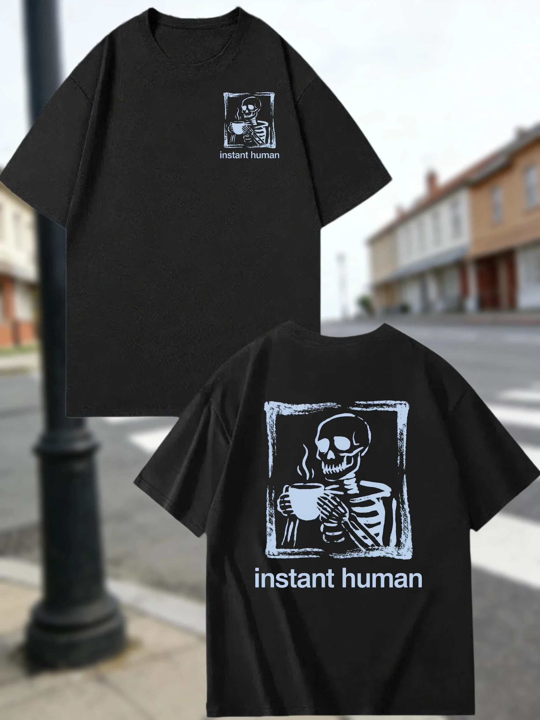 Black Cotton Double Sided Print Tee Skin Friendly Fabric Instant Human Skeleton Drinking Coffee Graphic