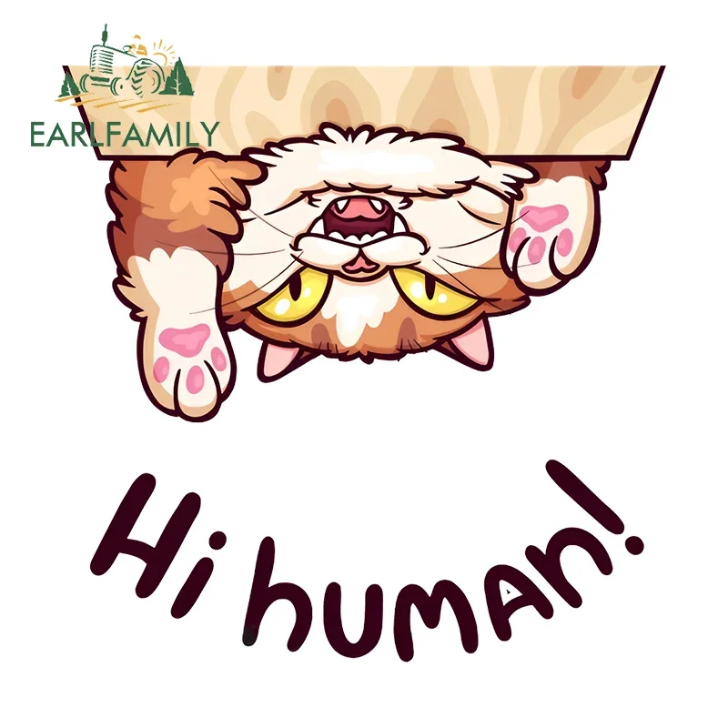 EARLFAMILY 13cm × 12.8cm Chibi Kitten Car Stickers Cartoon Hi Human Funny Graffiti Decals Waterproof Vinyl Car Door Protector