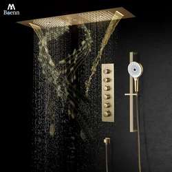 M Boenn 35*12 Inch Embeded Ceiling Rain Shower Head Smart Thermostatic LED Shower System Large Brushed Gold Bathroom Faucets Set