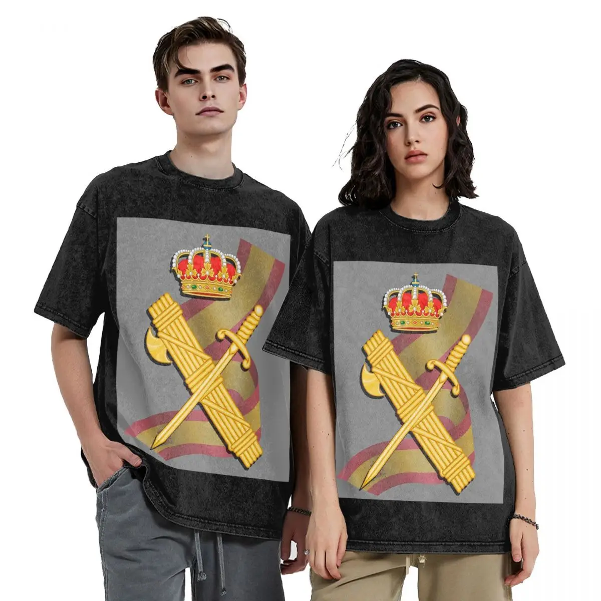 Spanish Guard Civil Spain Flag Washed T Shirts Harajuku Short Sleeve Hip Hop T-Shirt Streetwear Tops Tees for Men Women