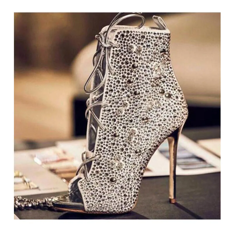 

Bling Crystal Rivets Drilled Fish toe cross tie Ankle Boots Plated Stiletto Heels Women Sexy Ladies Glitter Rhinestone Bottines