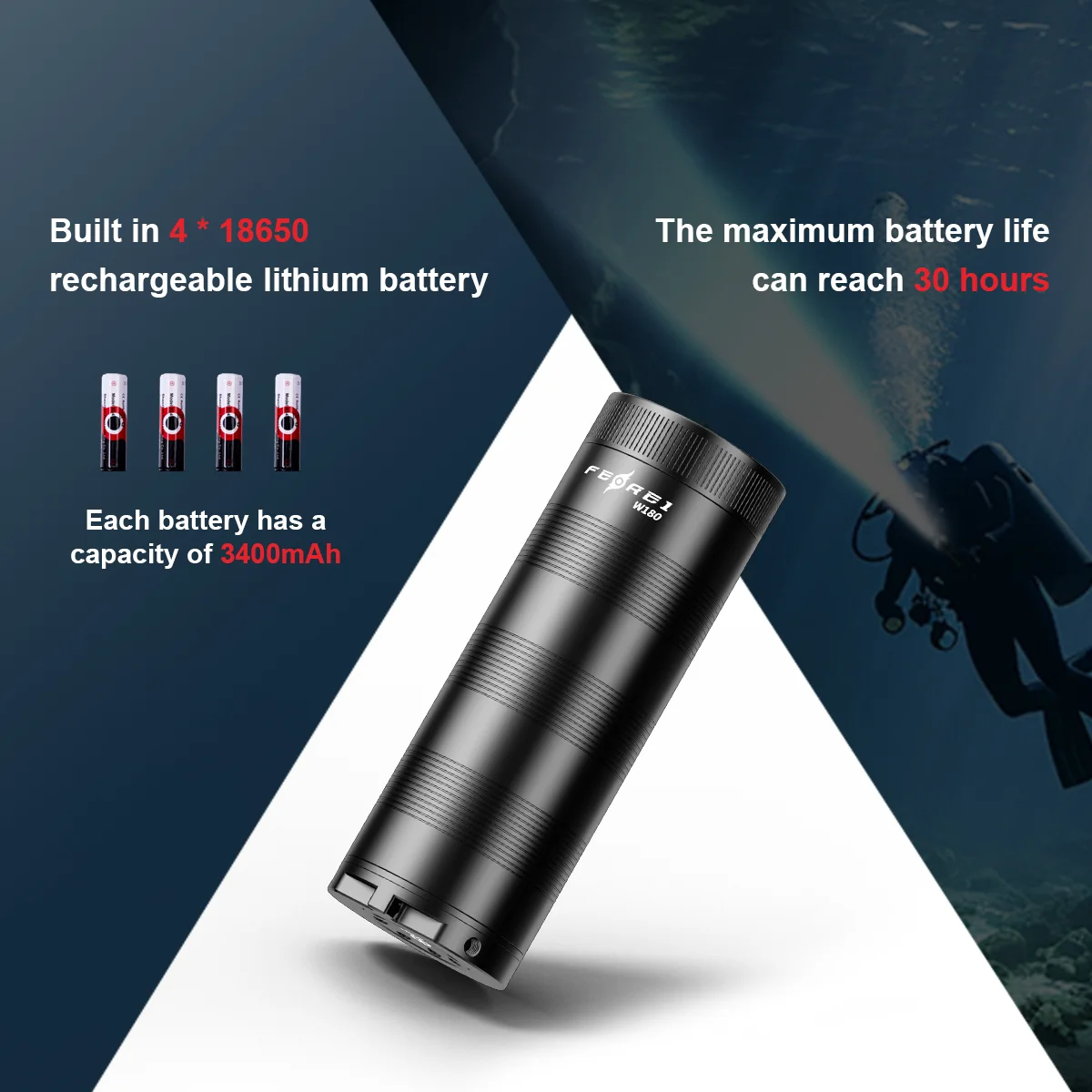 Ferei W180 Rechargeable LED Flashlight Bright Touch Light for Scuba Diving Waterproof Underwater Torch Lantern Diving Lights