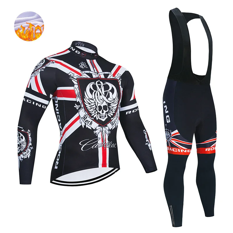 2023 Skull Winter Cycling Team Jersey Set MTB ROCK Bicycle Clothing Ropa Ciclismo Winter Thermal Fleece Men\'s Long Cycling Wear