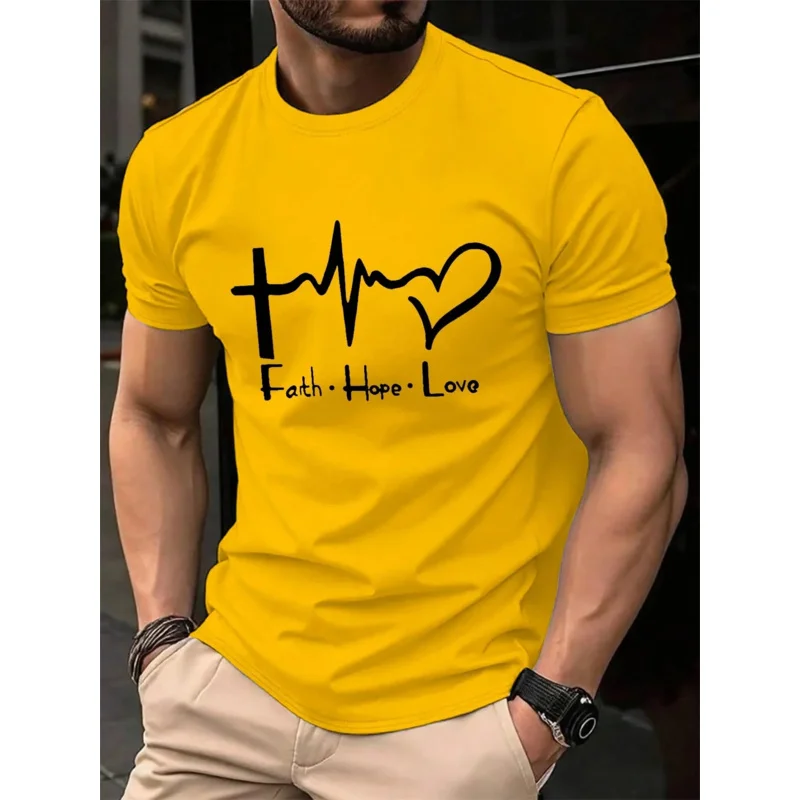 Verão masculino 100% poliéster moda casual solto pluse-sized fé esperança amor impresso desportivo em torno do pescoço de manga curta camiseta