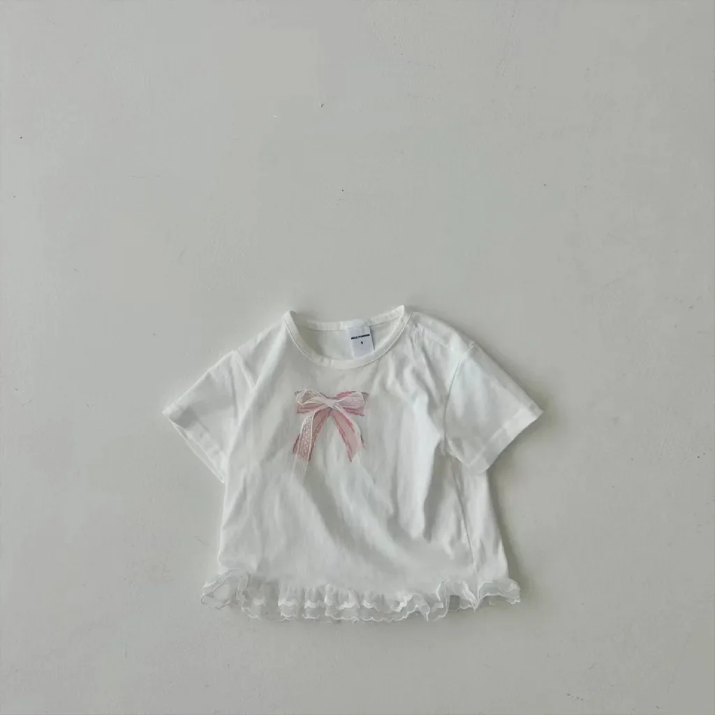 T-shirt à manches courtes avec ruban à nœud pour bébé fille, vêtements d'été coréens, t-shirts, nouveau, 22329, 2024