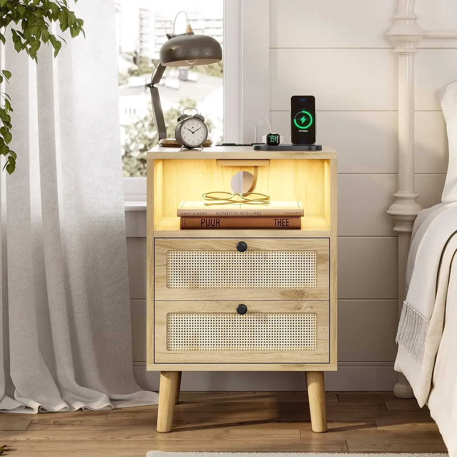 Rattan Nightstand with Charging Station, Wood End Table with USB Ports, LED Night Stand for Bedroom, Hand Made Rattan Decorated