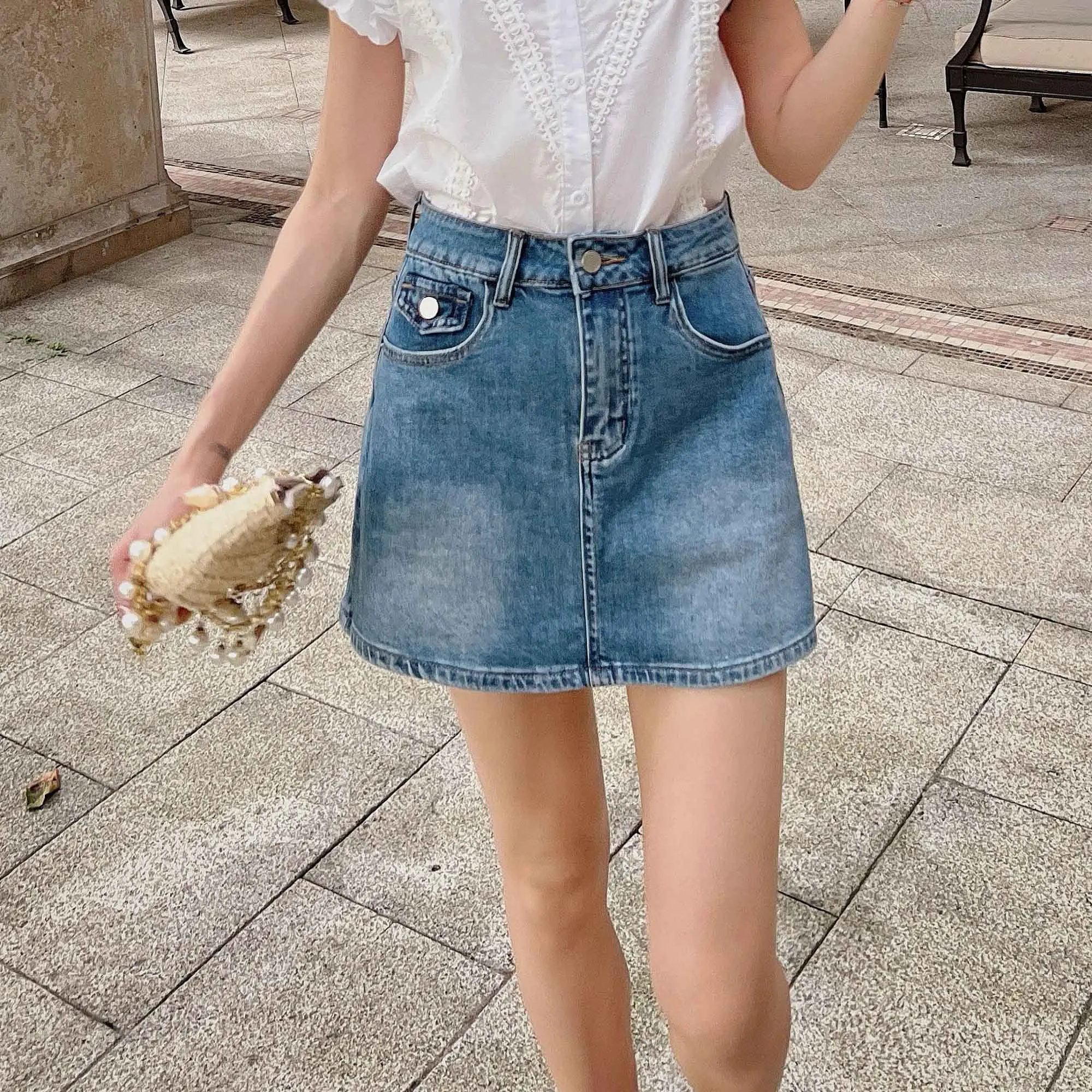 Summer Vintage Washed Denim Skort Women High Waist Rhinestone Beaded Jeans Skirt Casual Loose A-Line Anti-Chafing Shorts DM3BSP0