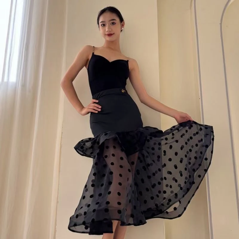 Modern Dance Dress Black Split Suit Suspender Top Double Layer Fishbone Skirts Suit Waltz Ballroom Dance Dress Women DN18206