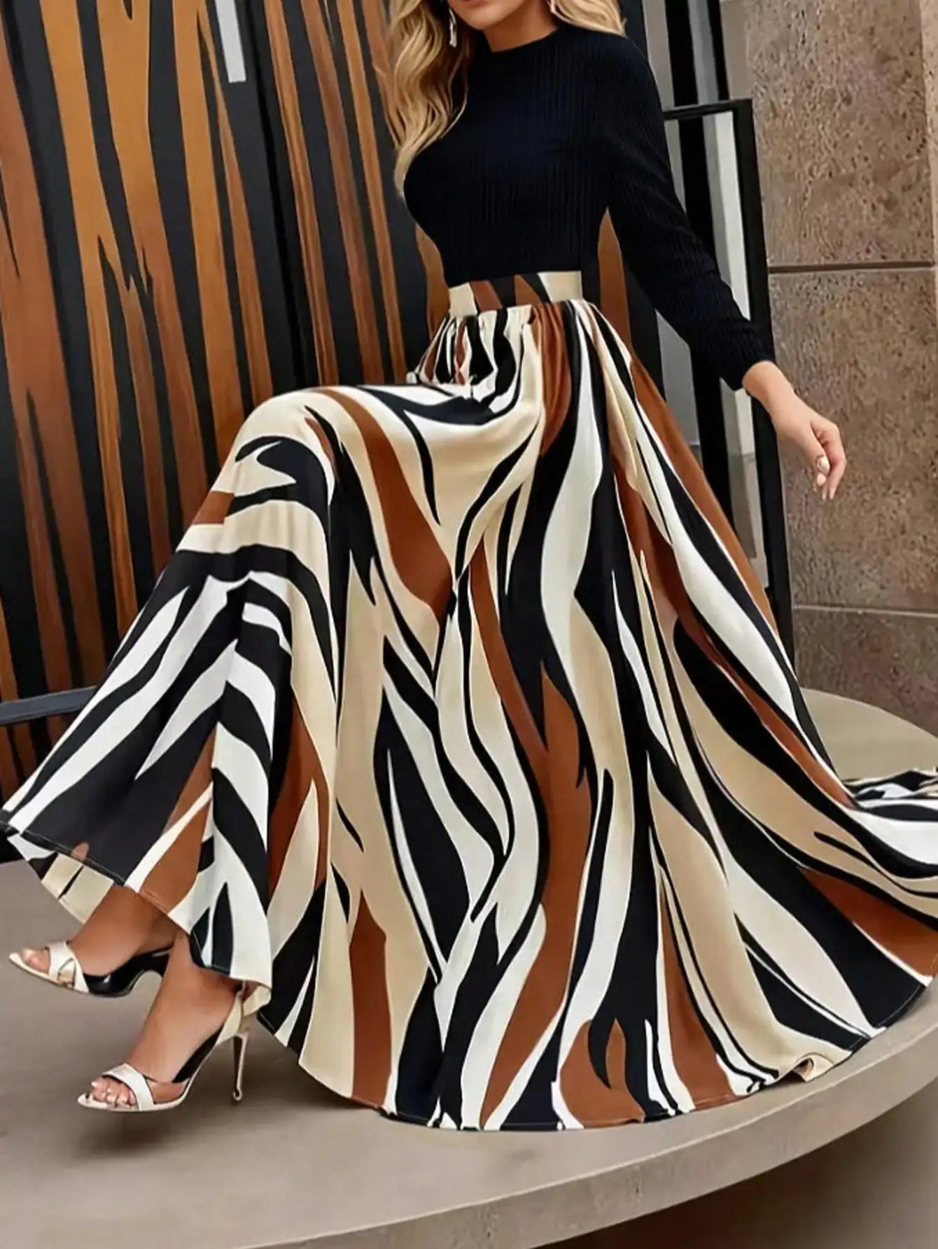 Single-Piece Women's Dress with Color-Block Stripes, Casual and Elegant, Round Neck, Long Sleeves, Elastic Waist, Geometric Pattern Print, Suitable for Festivals, Weddings, Vacations, Home, Daily Wear, Beach, Spring, and Autumn