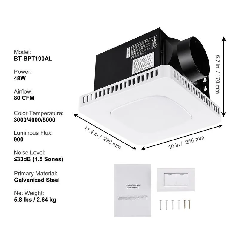 Bathroom Exhaust Fan, 80 CFM High-Efficiency Ventilation, 1.5sones Low Noise Operation All-Copper Motor, Energy-Saving Bathroom Ceiling Fan, Need For Attic Access, For Various Ceilings