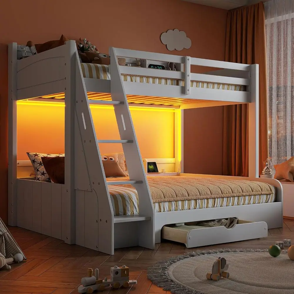 

Twin Over Full Bunk Bed with Storage, LED Lights, Charging Station, and Desk, Suitable for Kids, Teens, Adults - White