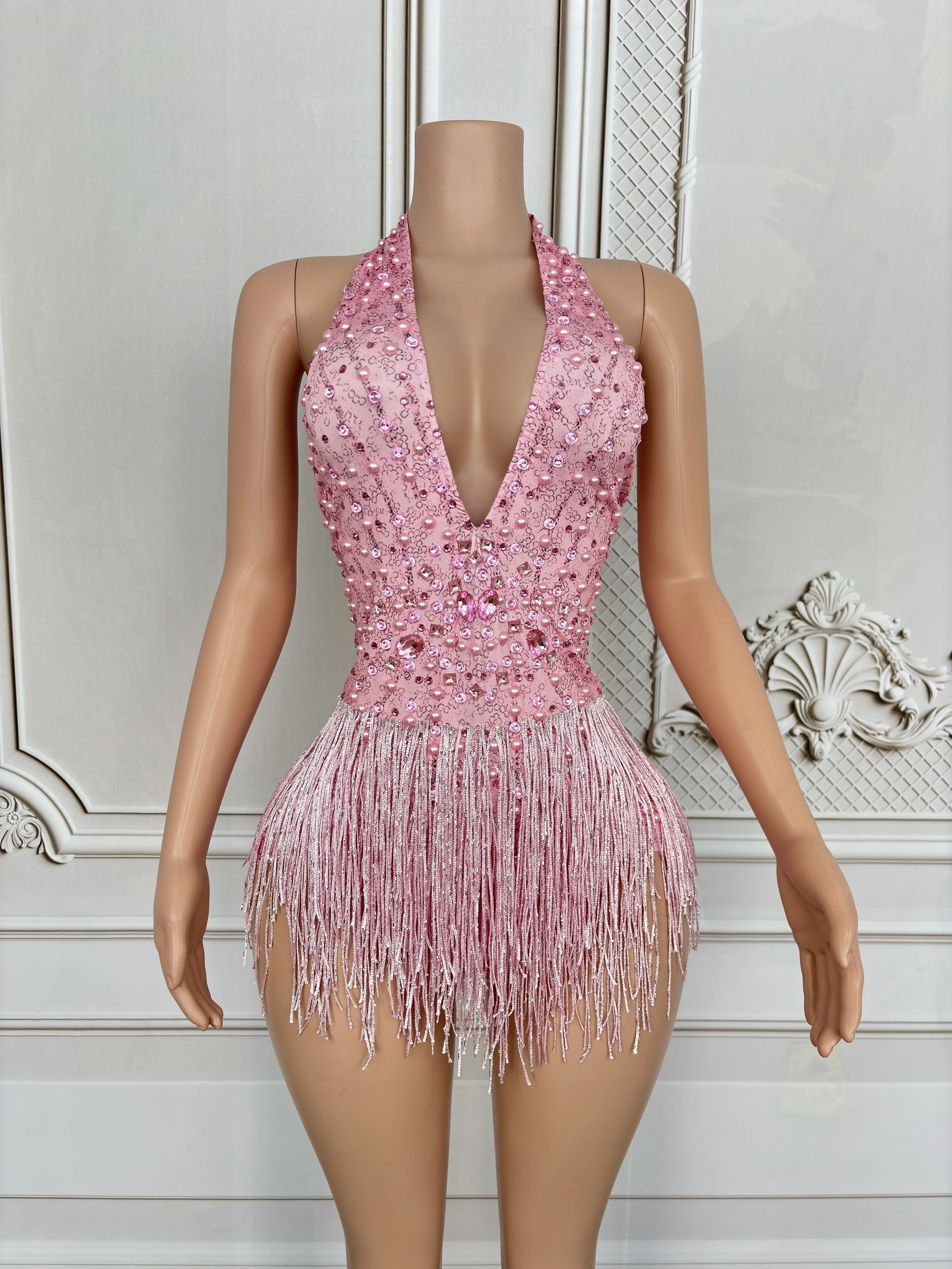 Sexy Sparkly Rhinestones Pearls Fringes Bodysuit Deep V Neck Backless Performance Dance Costume  Dancer Stage Wear Club Outfit