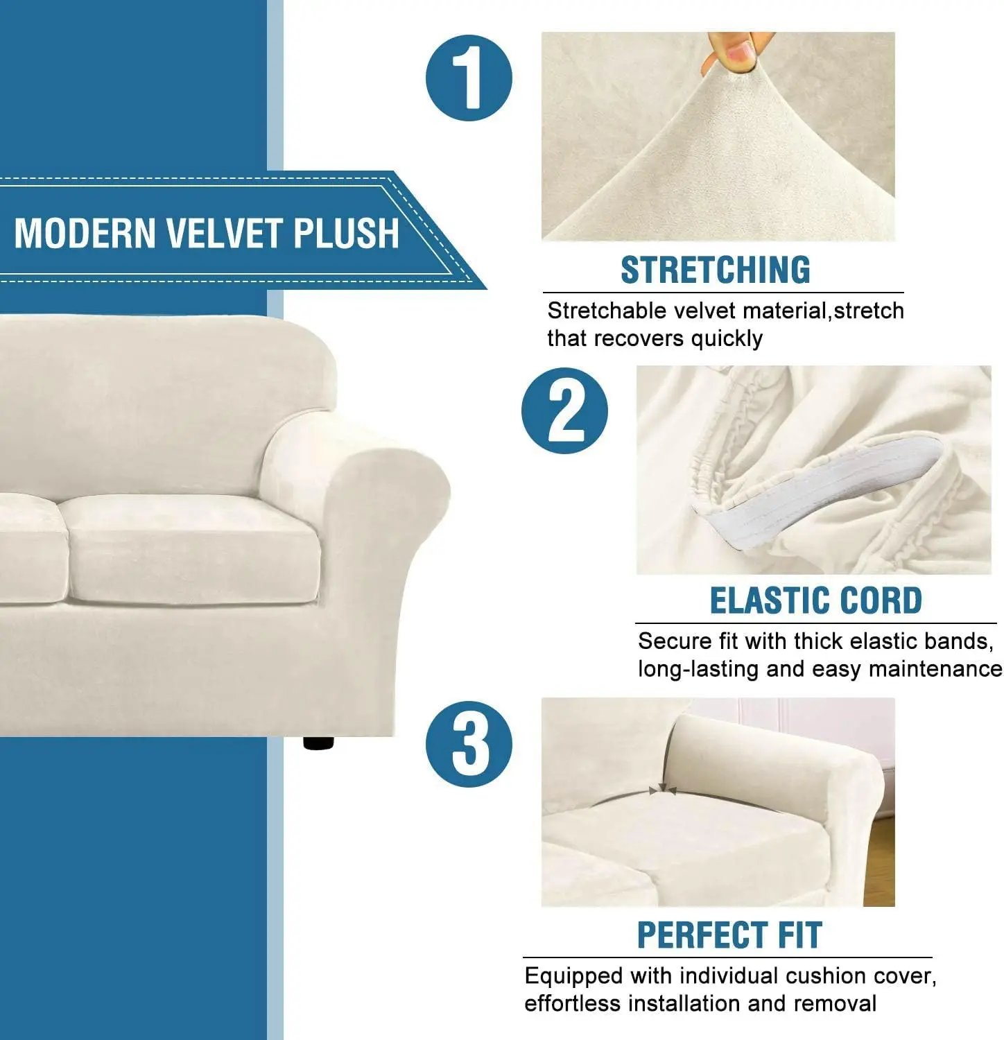 

H.Versailtex Real Velvet Plush 3 Piece Stretch Sofa Covers Couch Covers For 2 Cushion Couch Sofa Slipcovers Width Up To 90 Inch