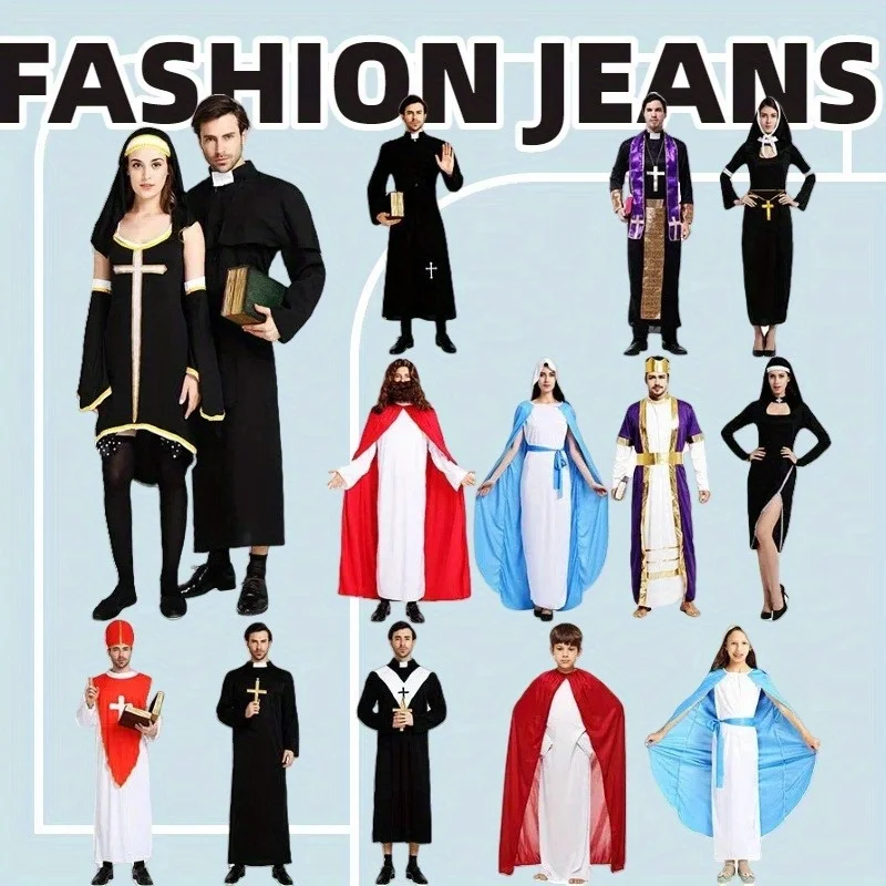 Halloween cosplay essencial jesus traje masculino missionário sacerdote traje pai maria freira traje com elementos cruzados adicionados
