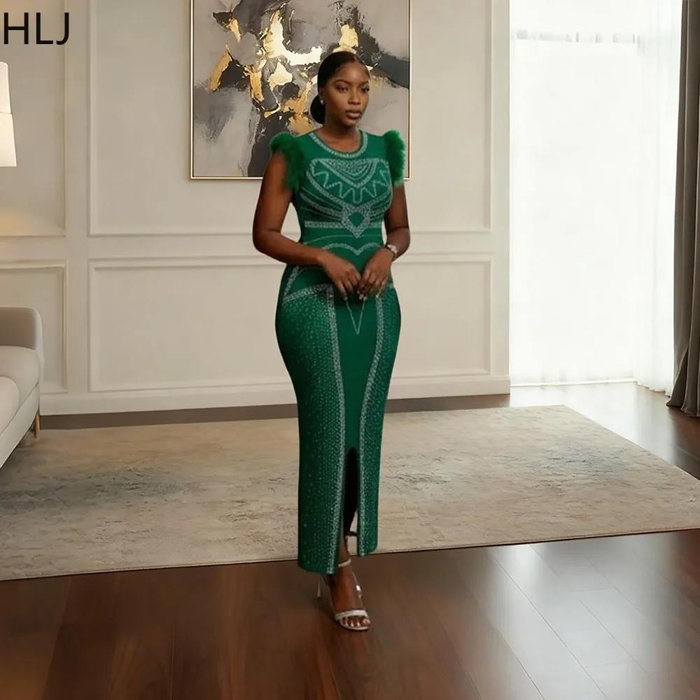 HLJ Winter New Sexy Fur Rhinestone Patchwork Bodycon Dresses Woman Round Neck Sleeveless Dress Female Party Clubwear Vestidos