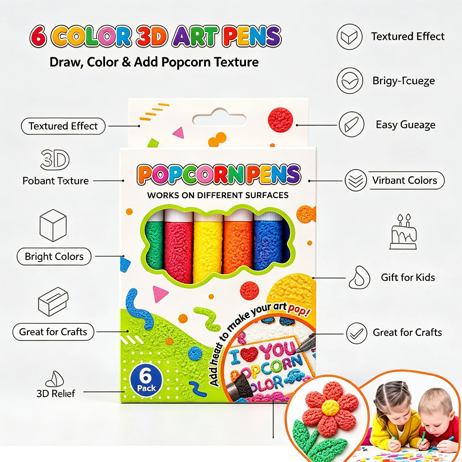 3D Bubble Popcorn Painting Pen Magic 6-Color DIY Bubble Pen Art Pen Children's Painting Waterproof Fade Resistant Layerable