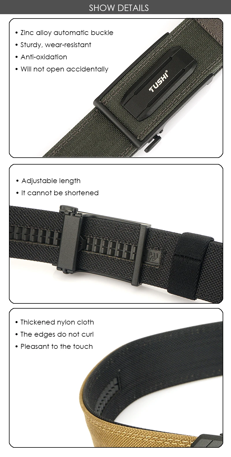 VATLTY Stylish Tactical Belt for Men Metal Automatic Buckle Tight Nylon Military Belt Stiff Work Belt Rigid Casual Girdle Male