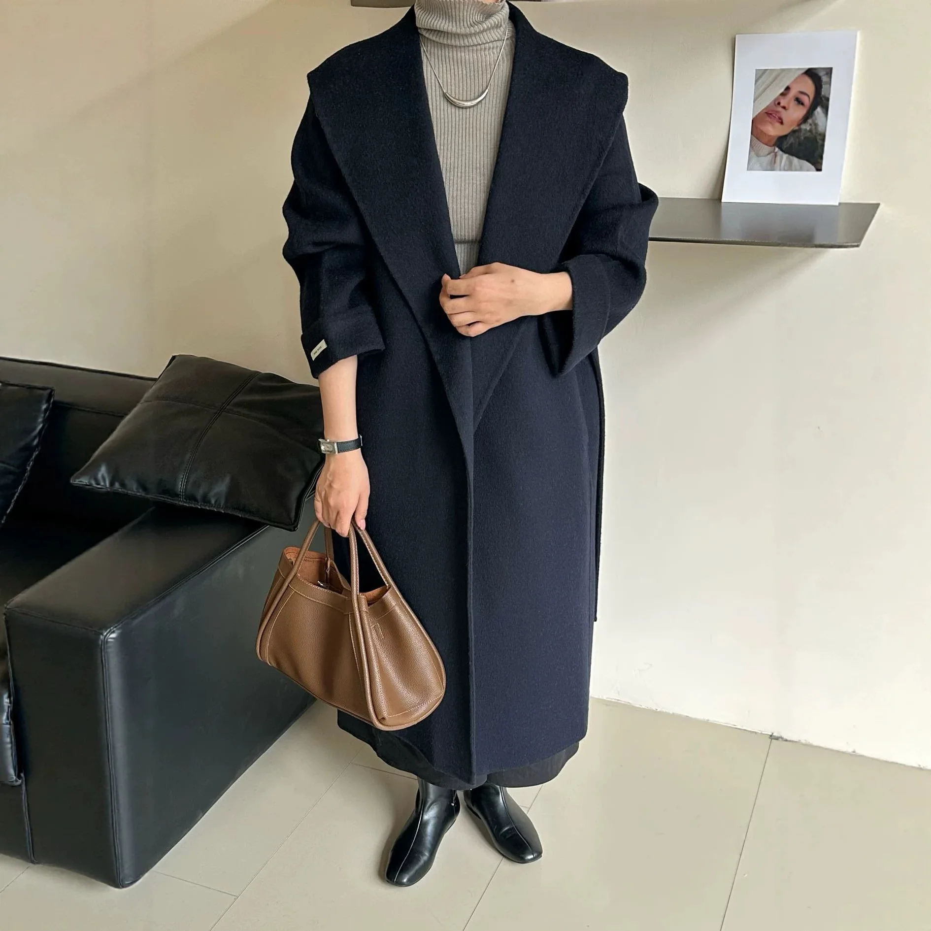 Korean Style Fall Winter Women Oversized Lapel Drop Shoulder Long Double Face Wool Coat Simple Commuter Belted Woolen Outerwear