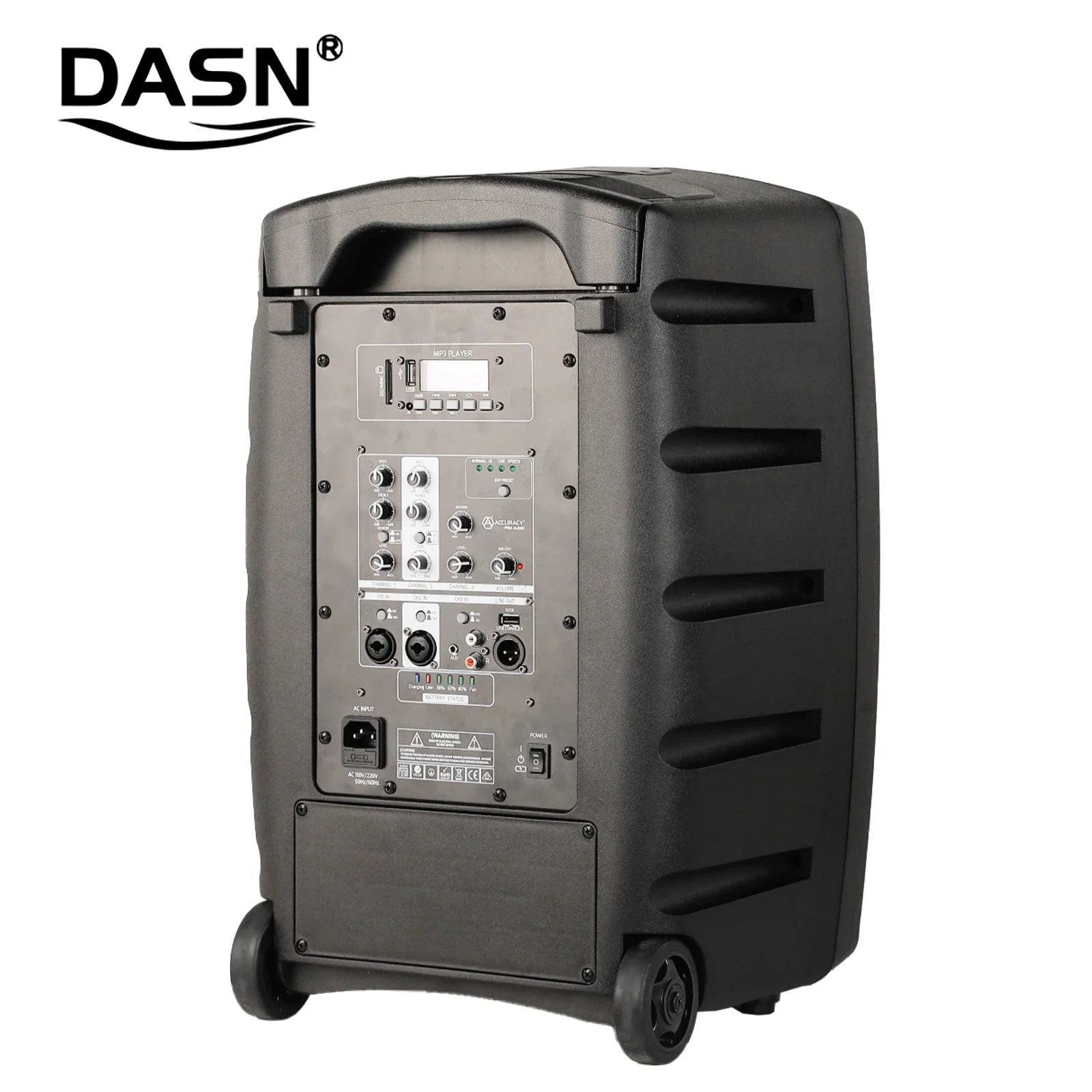 DASN DNC12DDM 12インチ 800W DSPプロフェッショナルアクティブプラスチックポータブルバッテリーPAスピーカー（ワイヤレスマイク、ホイール、タイロッド付き）