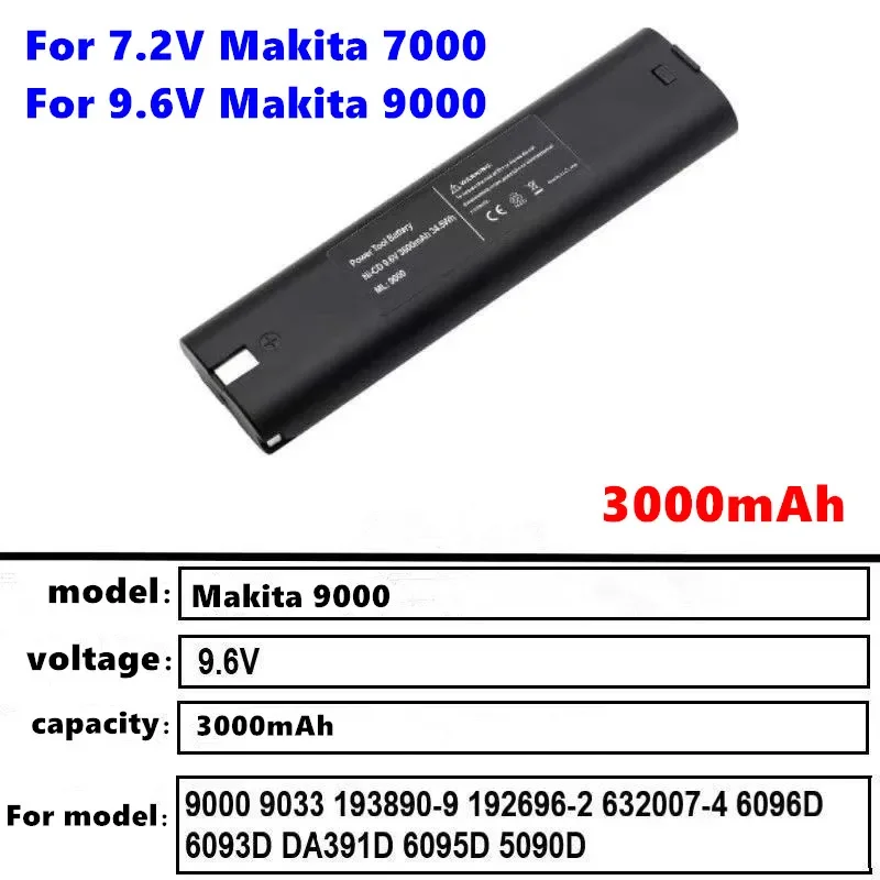 

For Makita3000mAh 7.2V 9.6V Ni MH Rechargeable Battery Replacement 7033 7002 7000 9000 9001 9002 9033 9600 Electric Tool Battery