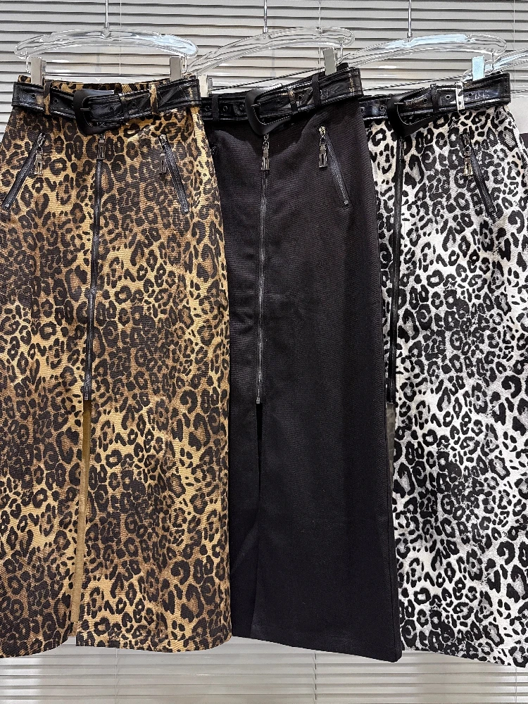 

Юбка с леопардовым принтом в американском стиле ретро, осень 2021, новая уличная юбка Y2k для горячих девушек с кожаной талией на молнии, платье H-Line, бедра, юбки