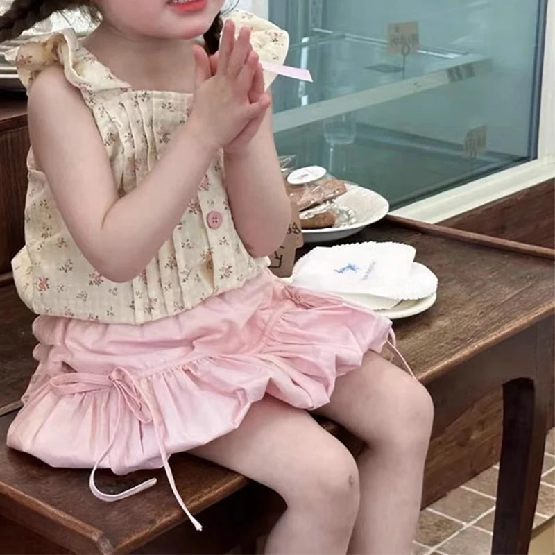 Girls' Set with Floral Pleats and Flying Sleeves Top+flower Bud Lace Up Skirt 2024 Summer New Sweet Baby Kids Clothing Set