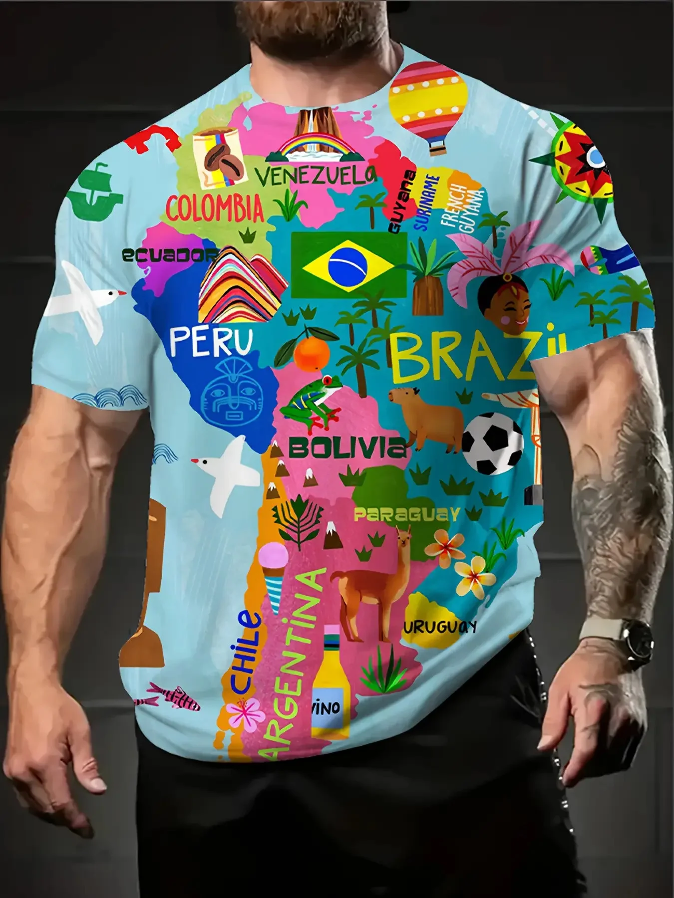 تي شيرت رجالي بطباعة ثلاثية الأبعاد لكامل الجسم من أمريكا اللاتينية - البرازيل والمكسيك وأعلام الأرجنتين والعلامات المميزة (Christ the Redeemer، Llama #1